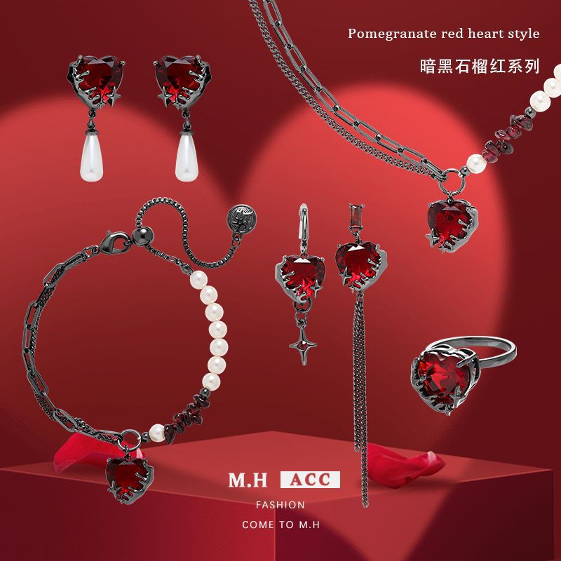 Cross-border pomegranate red heart-shaped earrings, fashionable and elegant European and American air gun black earrings, new personalized and trendy earrings wholesale full figure