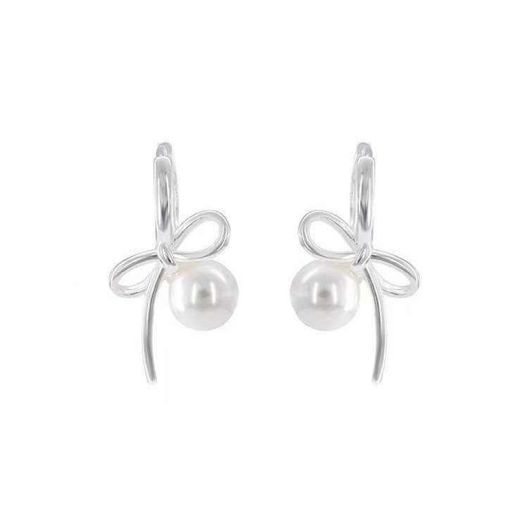 Fall in love with tenderness ~ Sweet bow pearl zircon stud earrings, high-end and elegant, versatile and simple earrings and earrings Item Picture
