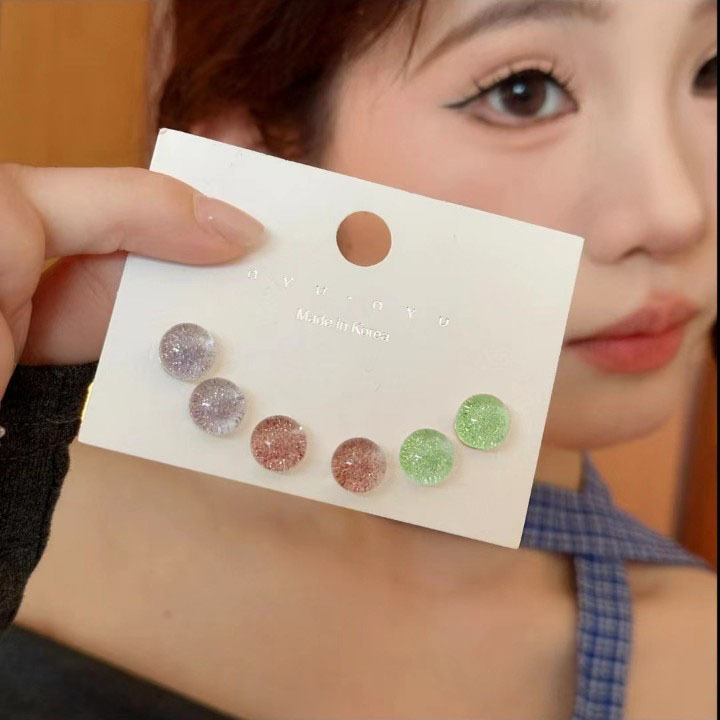 6 sets of colorful ice-transparent starry sky glitter bean stud earrings, a versatile and sweet resin earring for women, a new style of earrings full figure