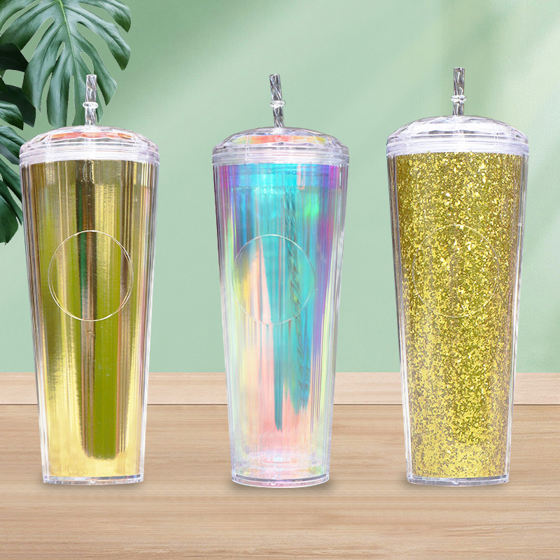 New fashionable straw cups, colorful double-layer heat-resistant water cups, office and home water cups, factory wholesale details Picture