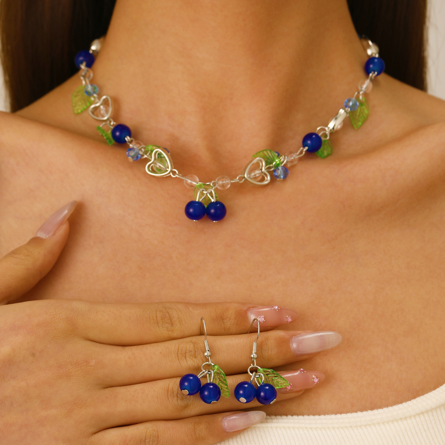 European and American cross-border accessories, ins blue cherry necklace earrings set, summer jewelry and accessories for women, Blueberries details Picture