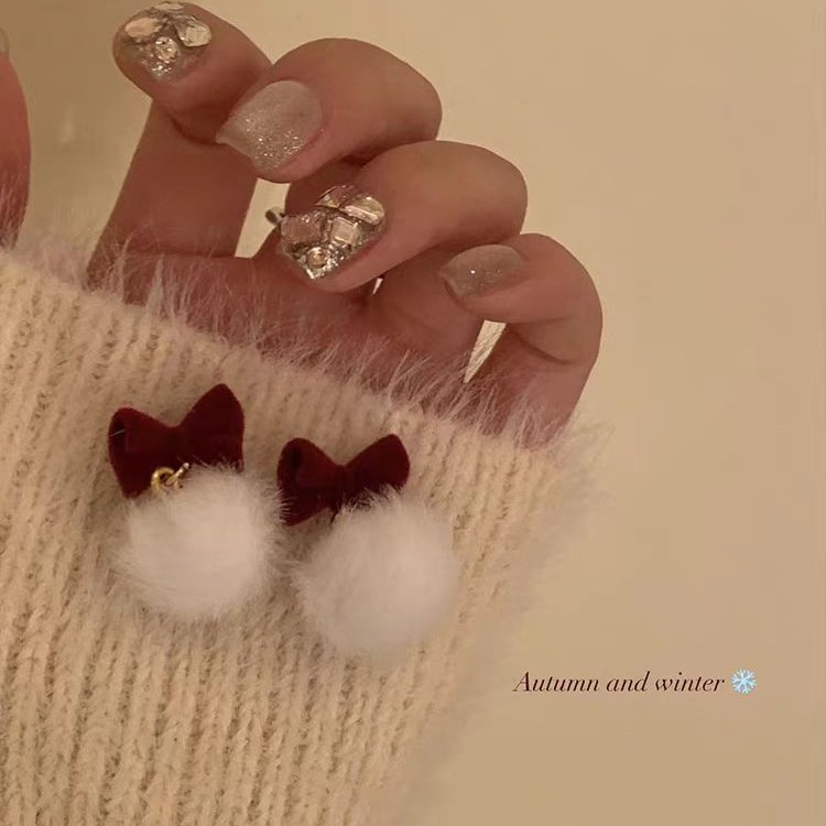 Autumn and winter New Year Red velvet bow plush earrings, 2025 New style bestseller stud earrings, unique pom-pom earrings for women details Picture