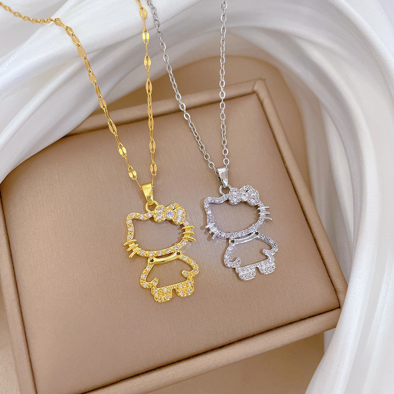 【 Titanium Steel 】 Hollow cat, light luxury, luxurious, full diamond necklace, versatile for women, collarbone chain, titanium steel chain full figure