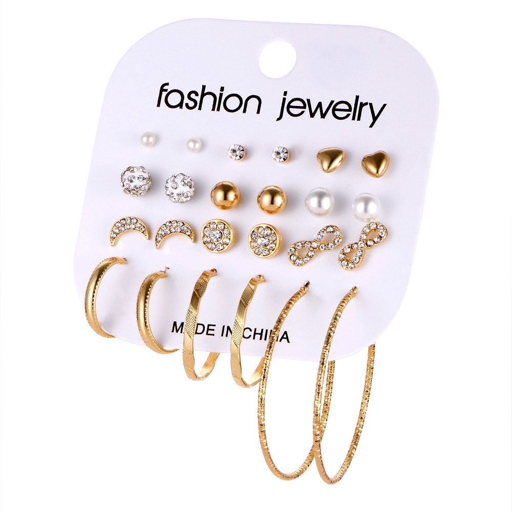 A 12-piece set of creative, retro and simple earrings with rhinestones and exaggerated large, medium and small rings from Europe and America Item Picture