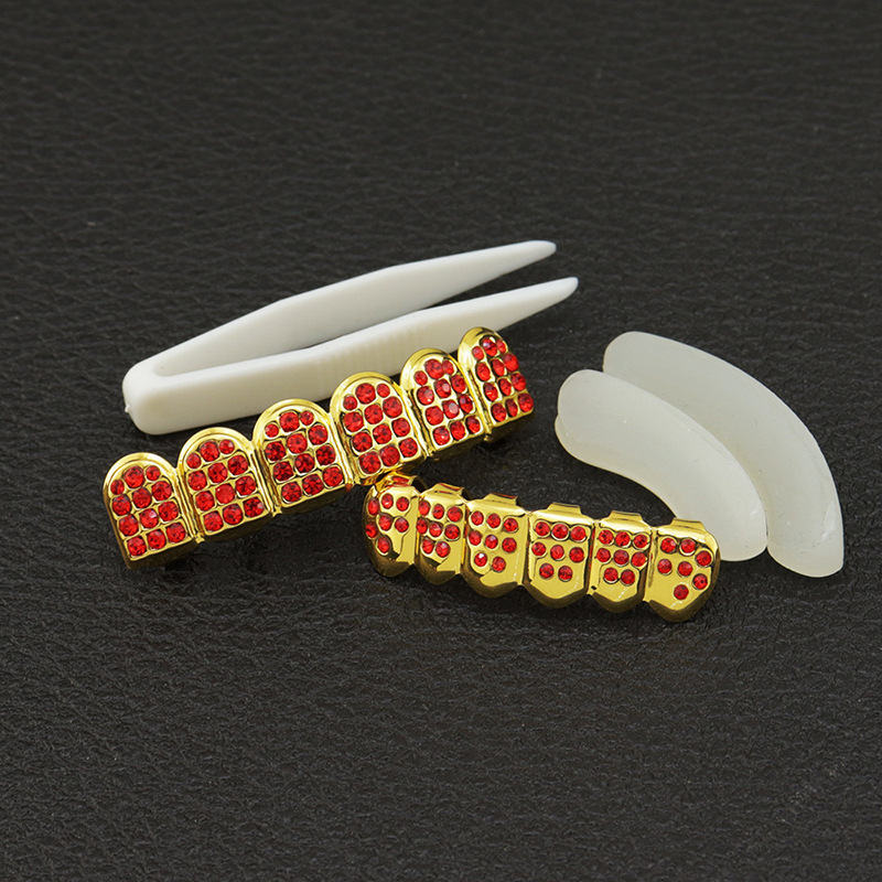 2024 Cross-border new gold-plated hip-hop braces for both men and women, multi-color diamond-encrusted six-toothed vampire sharp teeth accessories Specification drawing