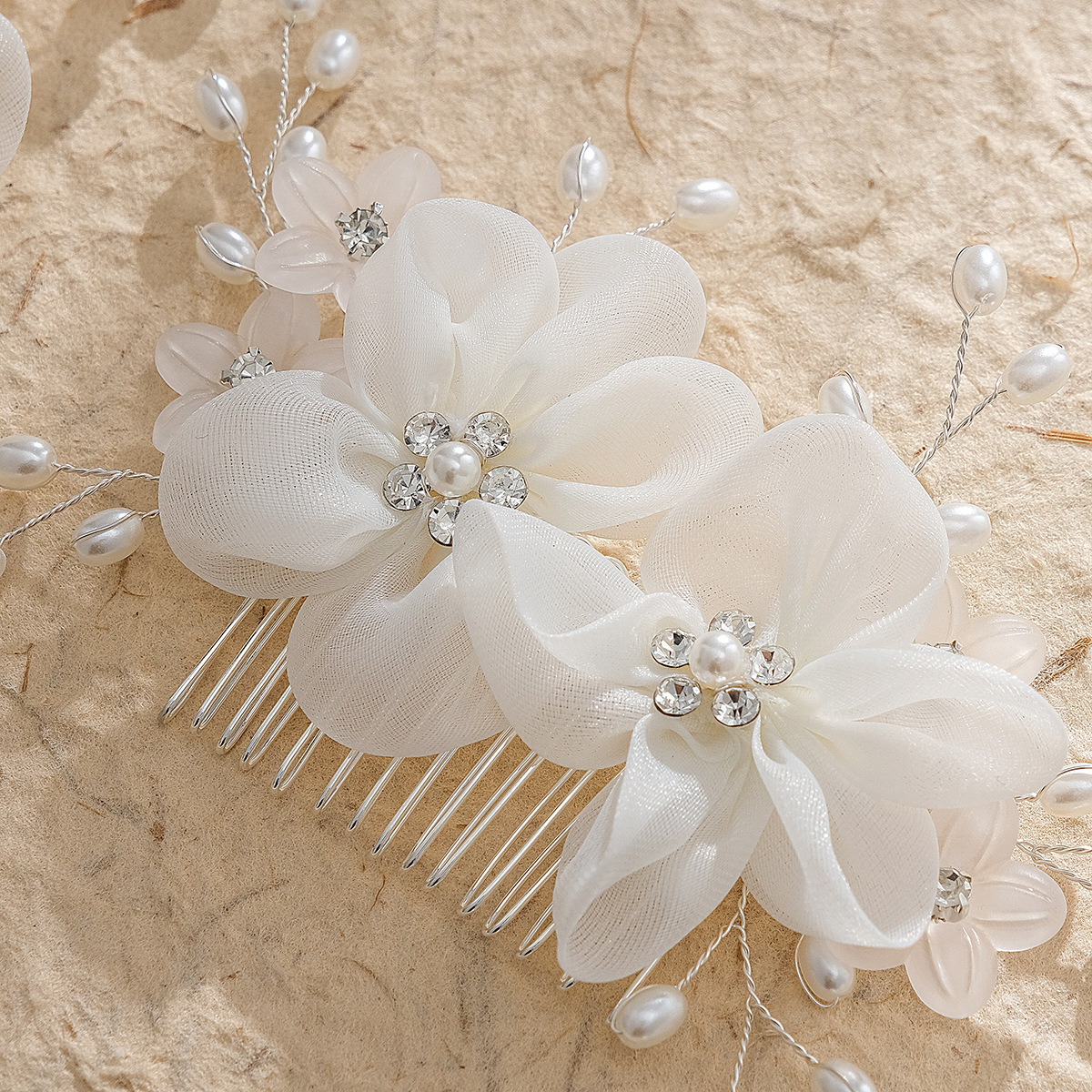 Korean bride's headwear set, faux fabric hand-combed U-shaped hair hairpin, white veil dress accessory Specification drawing