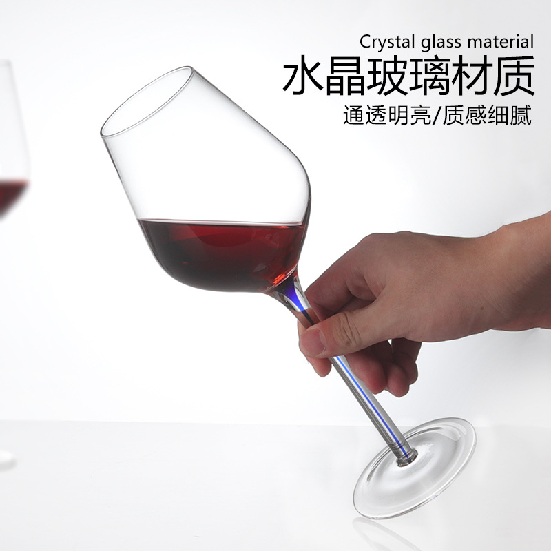 Creative high-footed red wine glass, home light luxury high-end Bordeaux crystal glass, hotel commercial blue stem wine glass details Picture