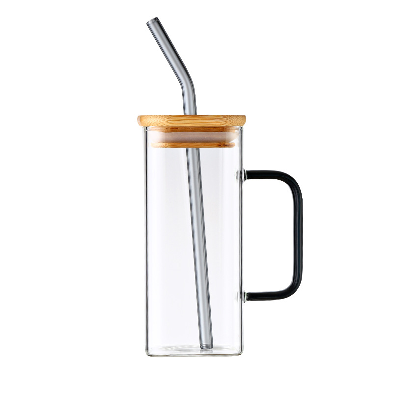 Square glass drinking cups, children's straw cups with handles, cold and hot drinks, coffee, milk tea, fruit tea, milk breakfast cups Item Picture