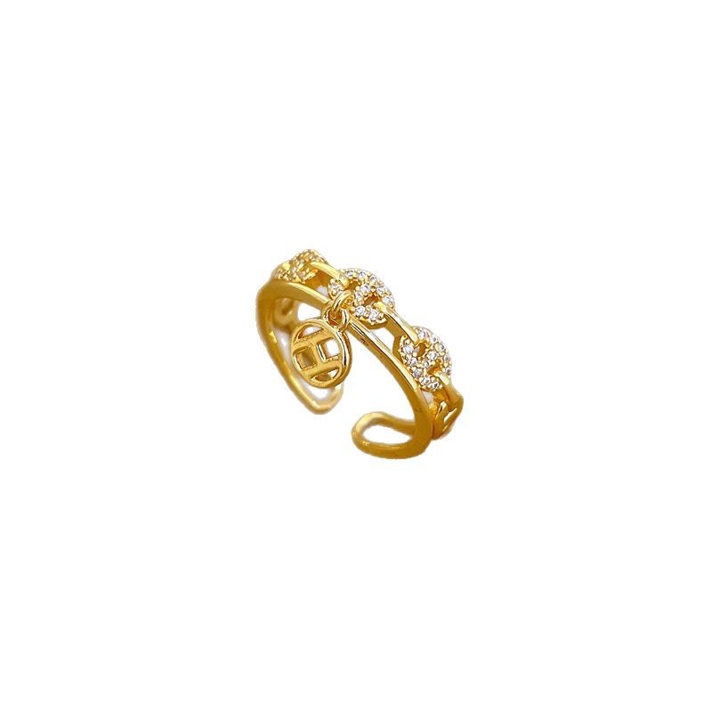 【 Real Gold 】 Korean version super Flash Zircon pig nose coin ring with adjustable opening, simple Japanese-style wrist ring Item Picture