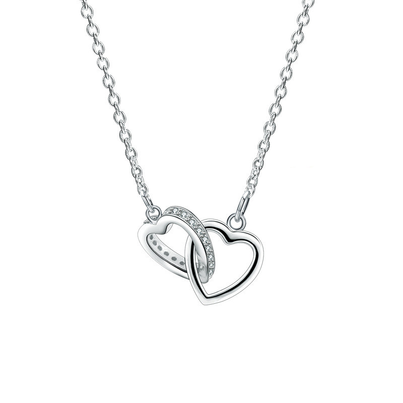 Gold electroplated heart-to-heart necklace, women's double ring zircon heart collarbone chain, 2025 Japanese and South Korean pendant, shining Item Picture