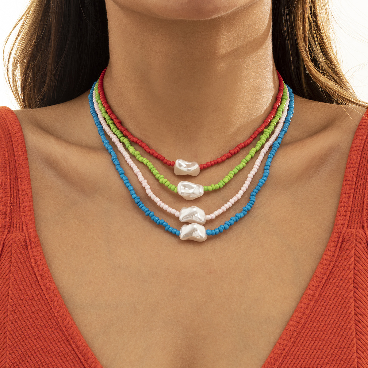 European and American cross-border jewelry, retro Baroque irregular-shaped pearl woven necklace, simple and colorful rice bead collarbone chain full figure