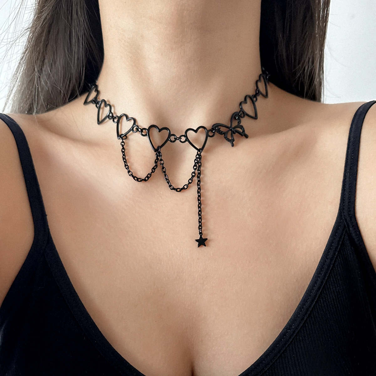 European and American cross-border star chain necklace with tassels, hip-hop collarbone chain, cold style butterfly heart circle necklace full figure