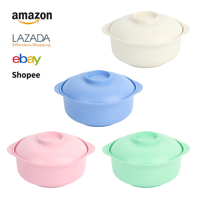 Amazon wheat bowl, clay pot bowl, 20cm round bowl, plastic bowl, household double-ear bowl with lid, student dormitory instant noodle bowl full figure