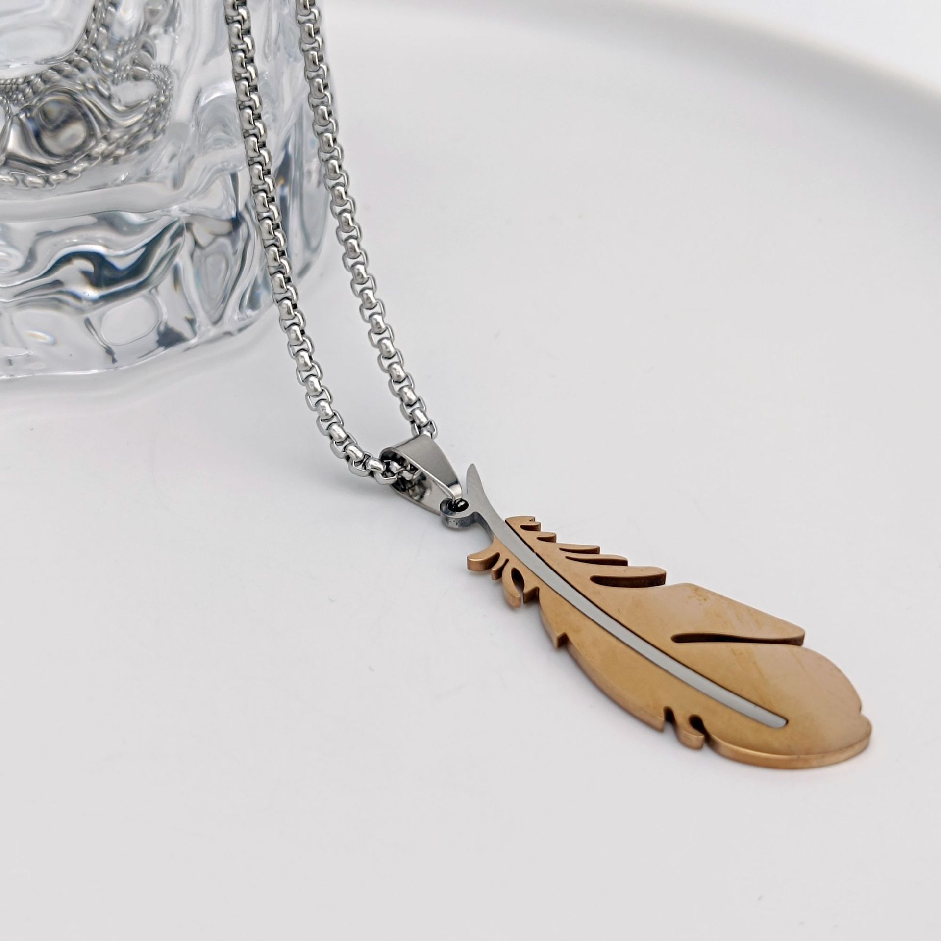 European and American foreign trade titanium steel feather pendant, the same style as Goro Takahashi's personalized feather necklace, student couple titanium steel pendant Application Scenario