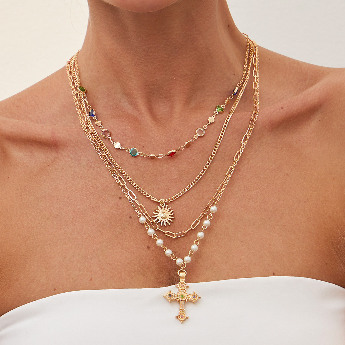 A 4-piece set of simple cross-border jewelry for both men and women, featuring a cross crystal chain and a special secret chain necklace full figure