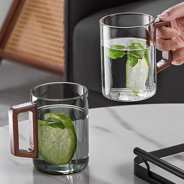 Wooden glass cups, high-temperature resistant tea cups and water cups for home living rooms, large-capacity transparent drinking cups for office guests Specification drawing