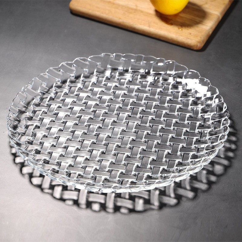 Green apple transparent glass fruit plate, threaded fruit plate, bamboo woven fruit plate, household snack and small food plate details Picture