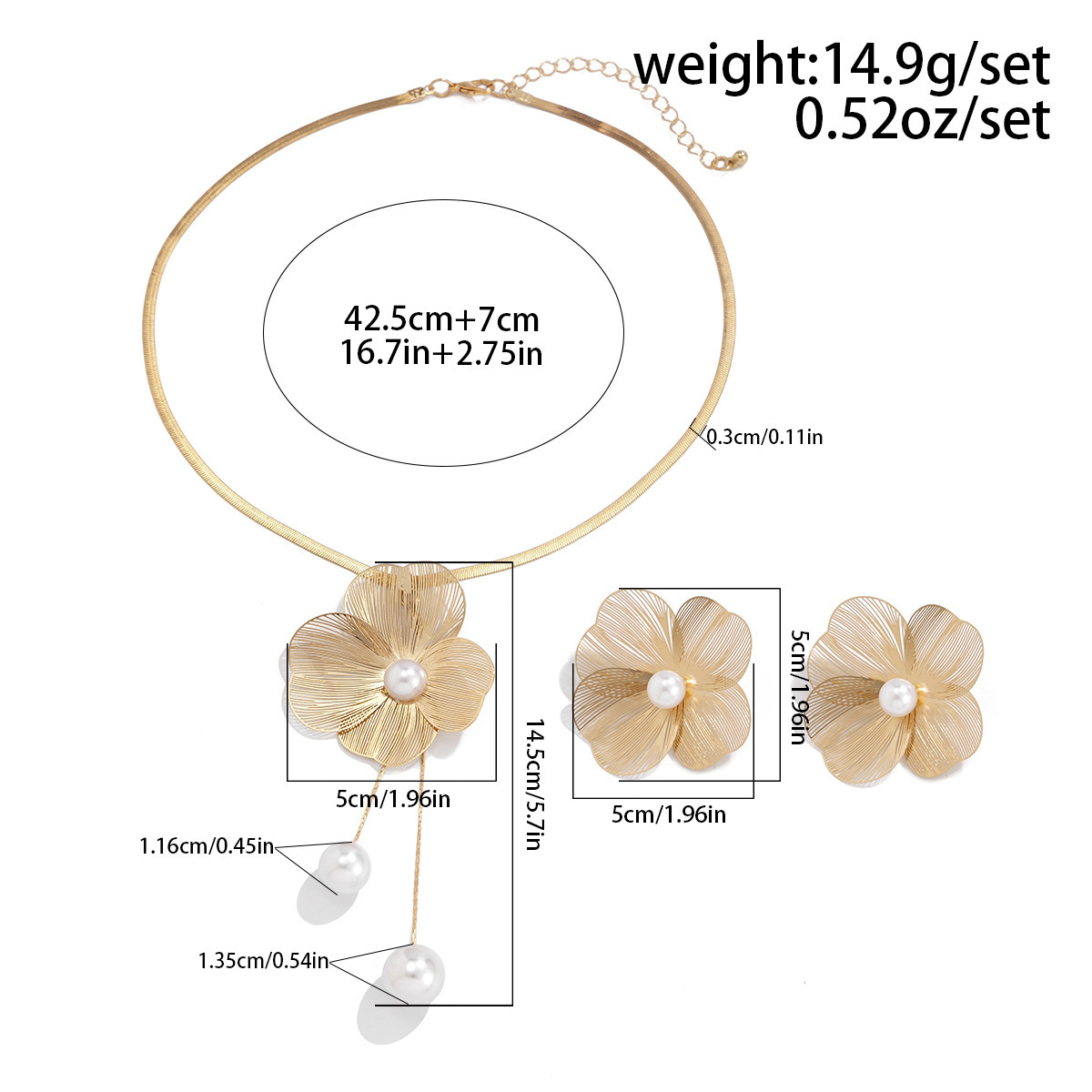 European and American cross-border metal texture ginkgo leaf flower necklace sweet cool three-dimensional imitation pearl tassel necklace earrings Item Picture