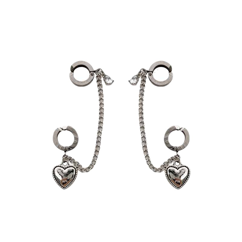 Hip-hop sweet and cool dark style titanium steel chain one-piece heart-shaped ear clips, no ear holes, ear bone clips, niche design earrings Item Picture