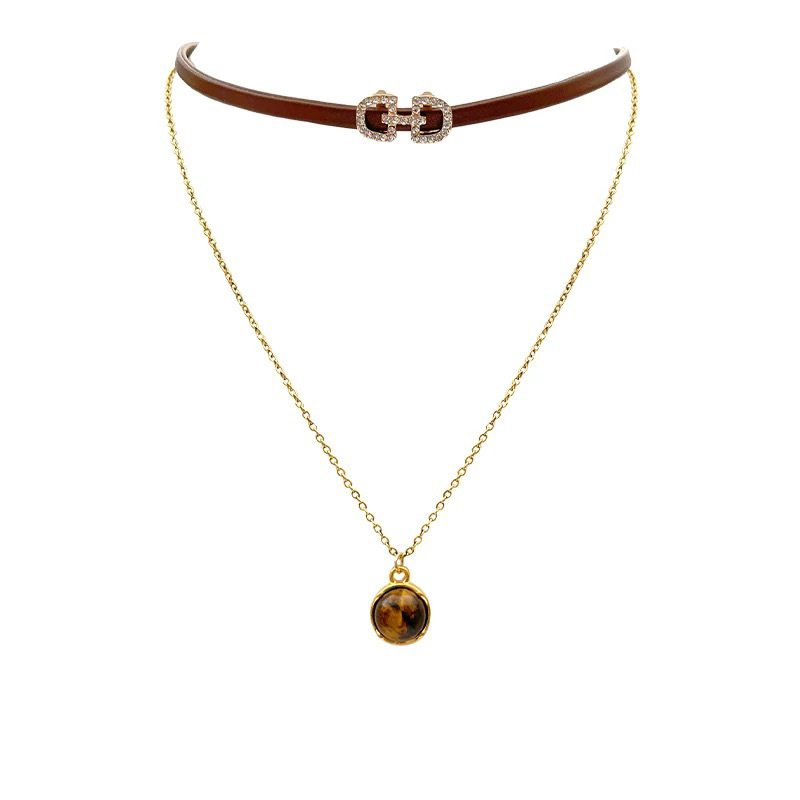 Tiger's eye coffee-colored leather double-layered necklace with a retro and light luxury feel, a unique sweet and cool style collarbone chain Item Picture
