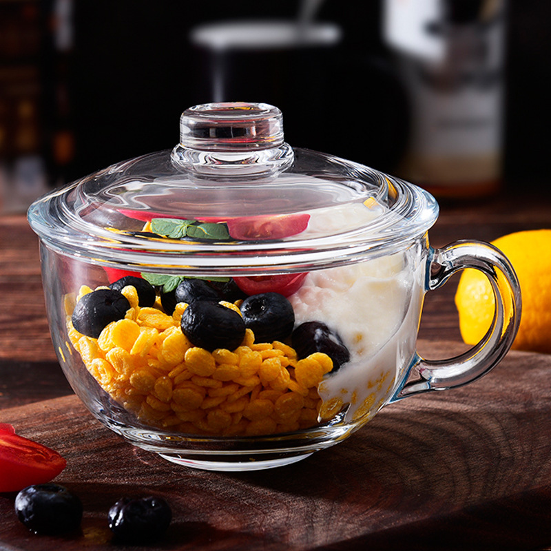 Lizun Tempered Diamond Large Food Pot, covered breakfast cup, Oat Cup, Creative Milk Cup with handle, Instant noodle bowl, Glass cup full figure