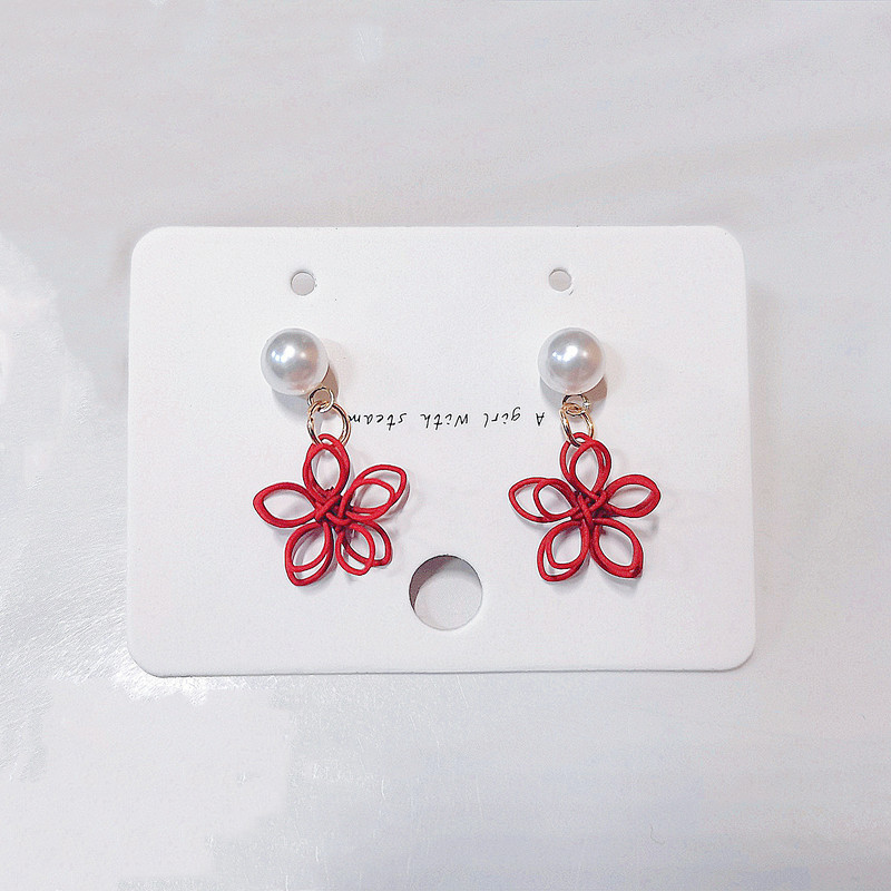Red flower style 2025 trendy pearl round face hit Korean stud slimming earrings and earrings details Picture
