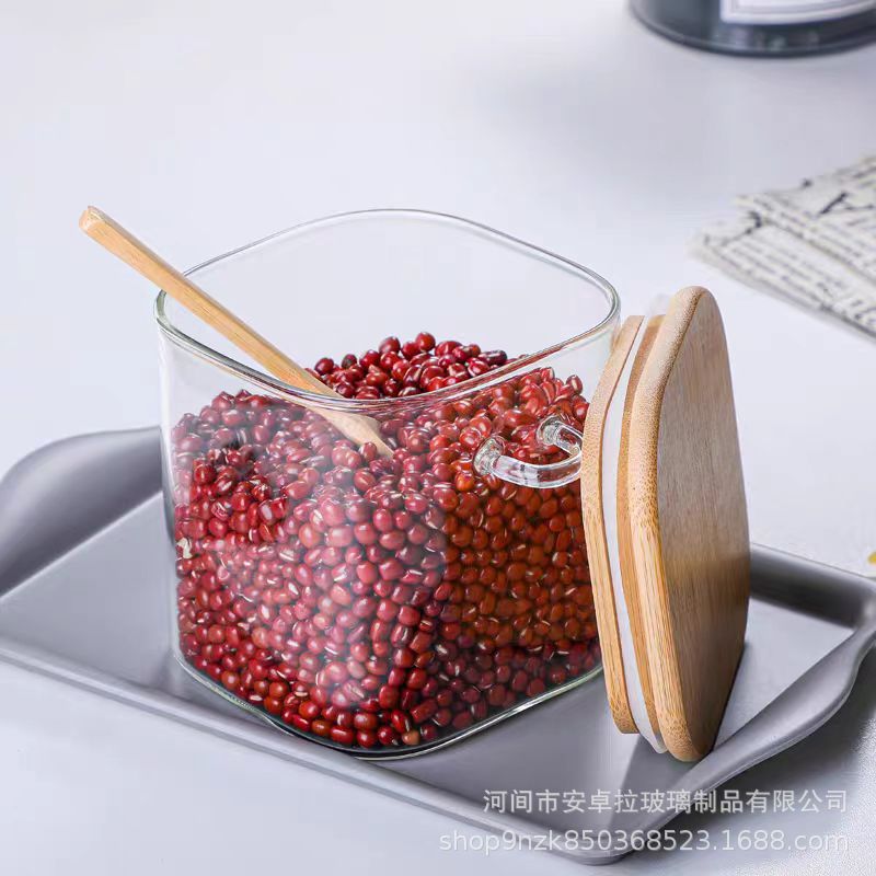 Customized square glass sealed jars, large-capacity storage jars with spoons, kitchen condiments, food storage, and tea cans details Picture