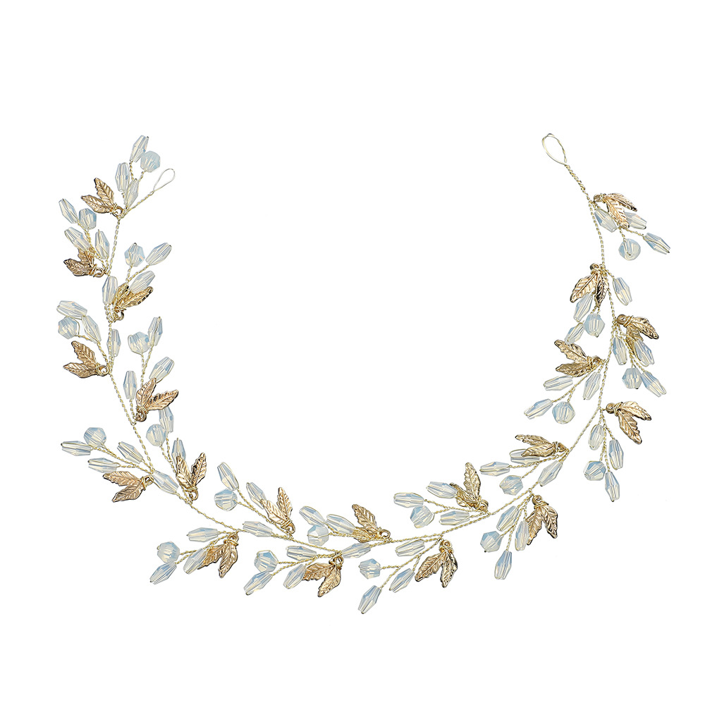 Cross-border new hair accessory alloy leaf bride headband, European and American bride wedding dress headband, jelly-colored crystal headband for girls Item Picture