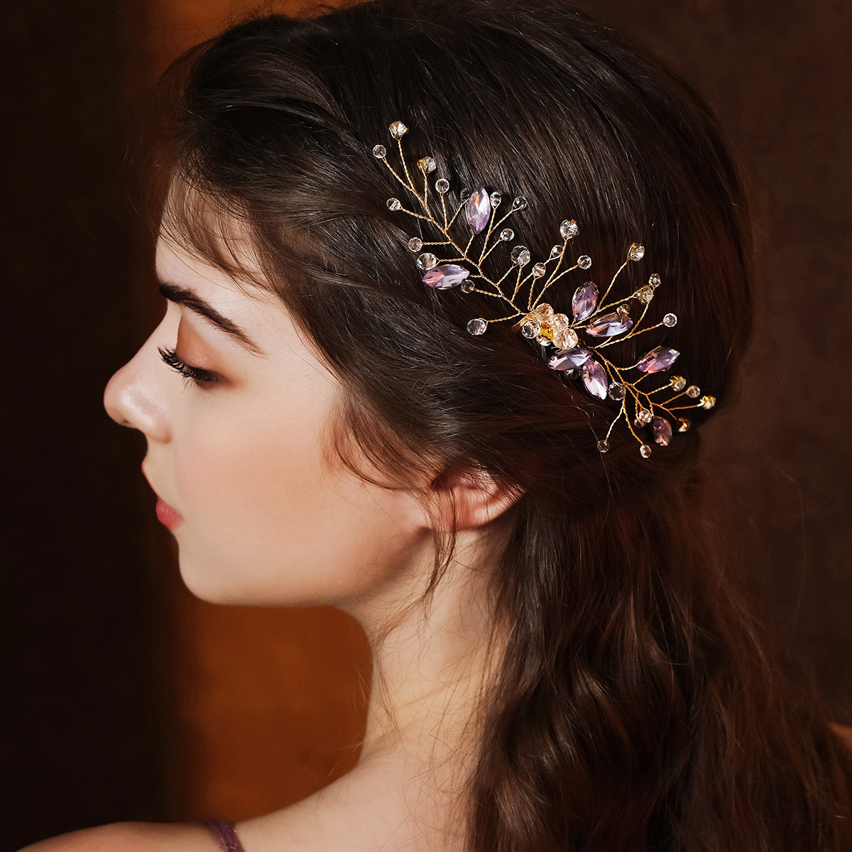 New Chinese-style Xiuhe clothing and hair accessories, retro handcrafted crystal five-toothed comb, children's performance bun, purple water diamond comb full figure