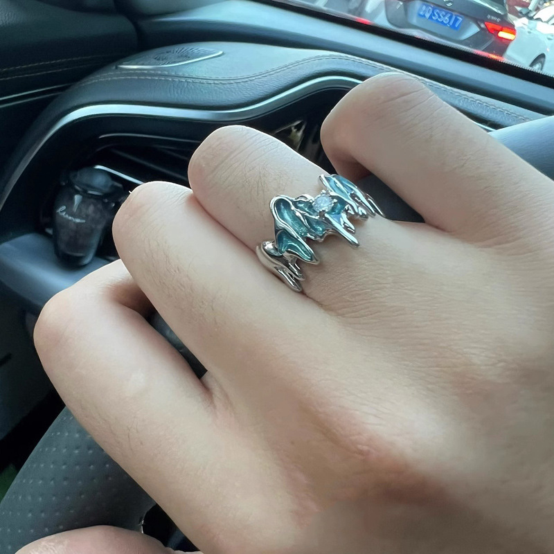 Irregularly shaped blue drip glaze open ring for women, a niche design with a high-end and trendy open ring for both men and women full figure