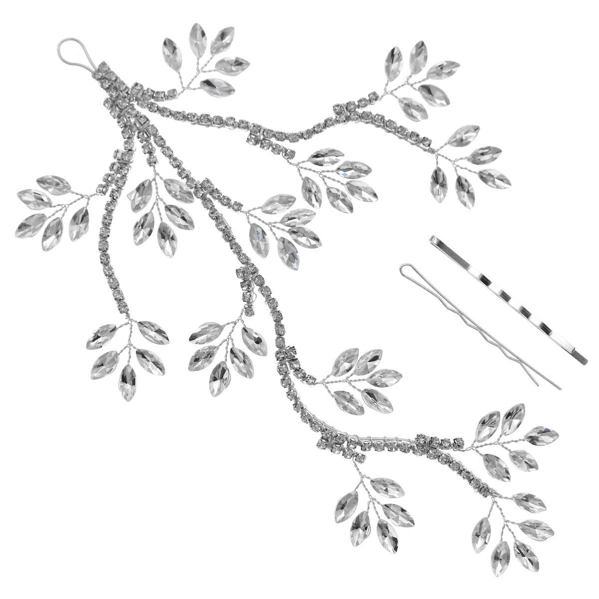 New water diamond leaf and branch hair band, European and American bride's updo headwear, claw chain-shaped hair piece, leaf side hair accessory Item Picture