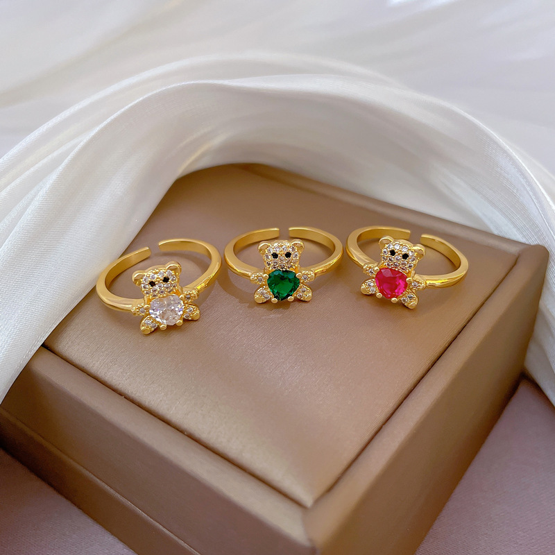 【 Real Gold 】 Diamond-encrusted bear open-mouth ring for Women, Japanese and Korean niche simple design index finger ring, Internet celebrity full figure