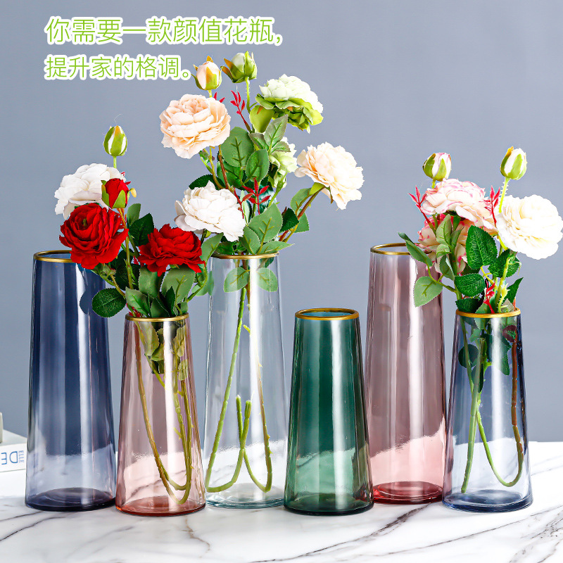 Nordic minimalist ins light luxury gilded glass vase, living room water-grown fresh flowers, dried flowers, flower arrangement vase, decorative item batch details Picture