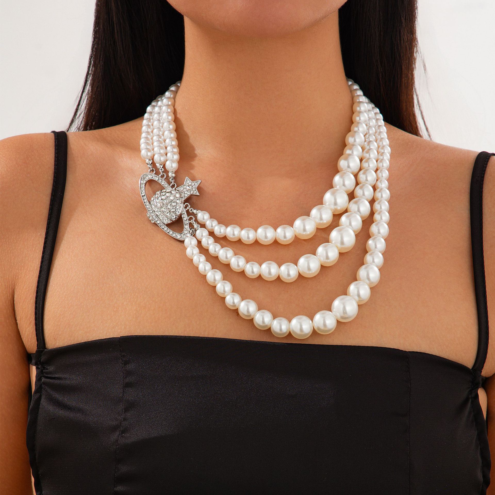 European and American cross-border jewelry, fashionable imitation pearl multi-layer necklace, light luxury style alloy beaded collarbone chain for women details Picture