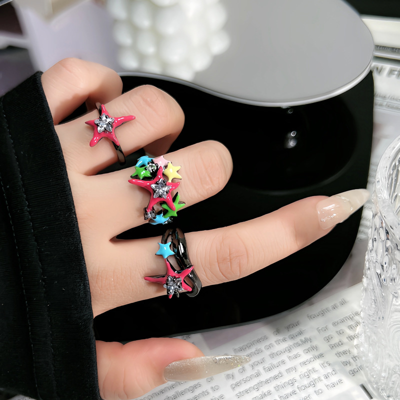 Dark dark style colored drip glaze starlight sweet and cool open ring, dopamine spice girl fashionable, individual and exquisite index finger ring Specification drawing