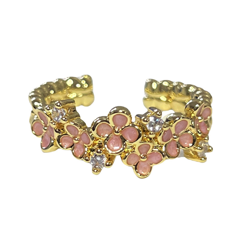 Summer peach blossom pink flower enamel open ring for female butterflies, sweet and cool style, versatile, exquisite and cold style ring Item Picture