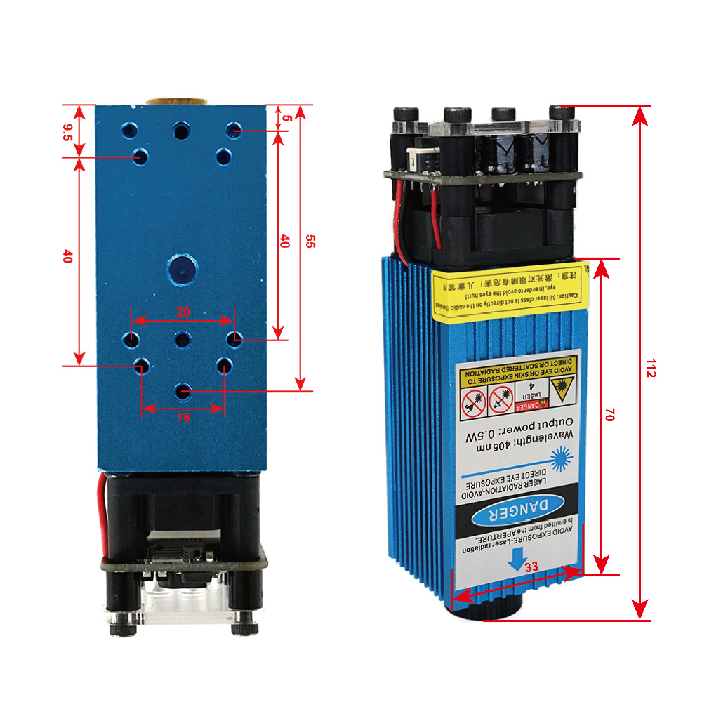 Blue light 450nm 0.5W, 2.5W, 3.5W, 5.5W, 15W high-power laser module engraving machine laser head Specification drawing