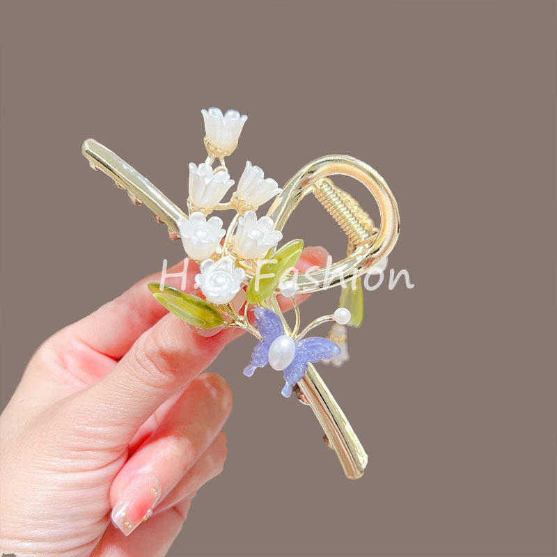 Butterfly bell orchid tassel grab clip, high-end and elegant female summer style grab clip, shark clip at the back of the head, sweet and elegant hair clip details Picture