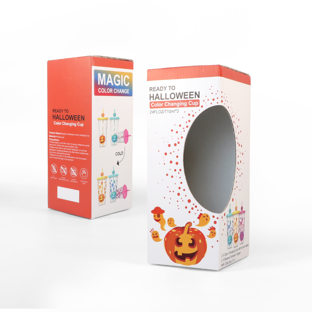 Cross-border in-stock Halloween three-piece set: Funny Devil Pumpkin color-changing cup, creative plastic straw Water cup Specification drawing
