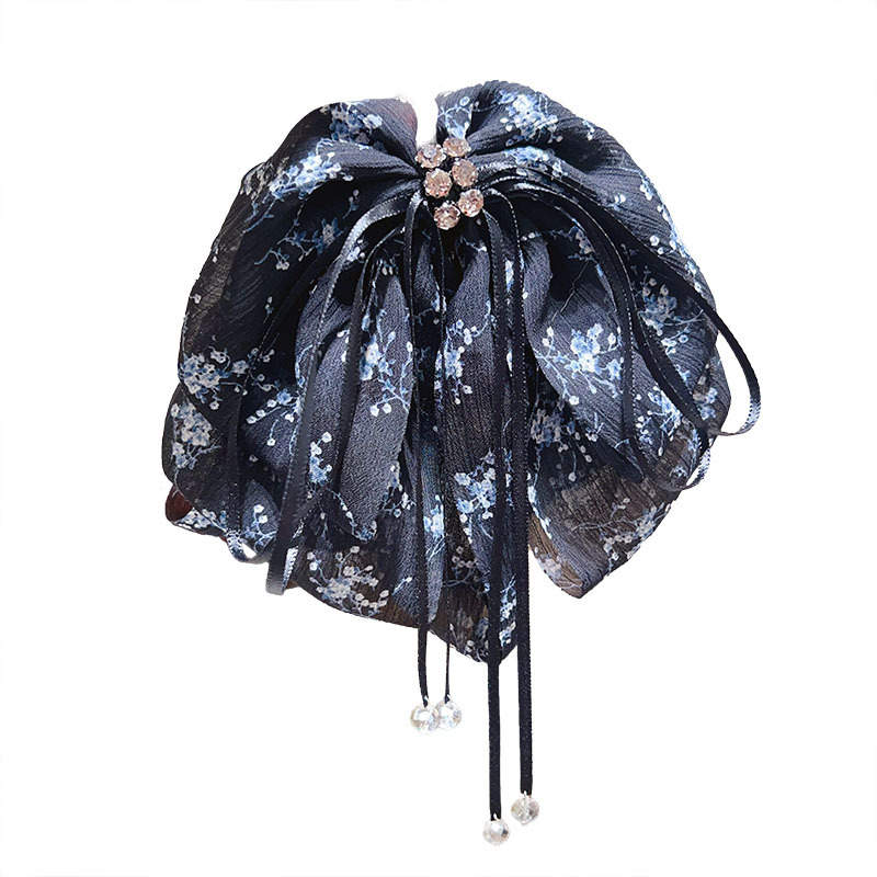 High-end and fashionable printed bow, multi-layered ponytail hair clip, fairy ribbon, back of the head hair accessory, shark clip, claw clip Item Picture