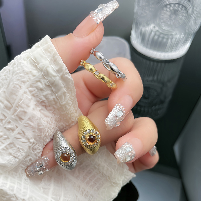 New Chinese-style retro brushed tiger's eye stone micro-inlaid ring, women's court style geometric design sense, exquisite and individual index finger ring full figure