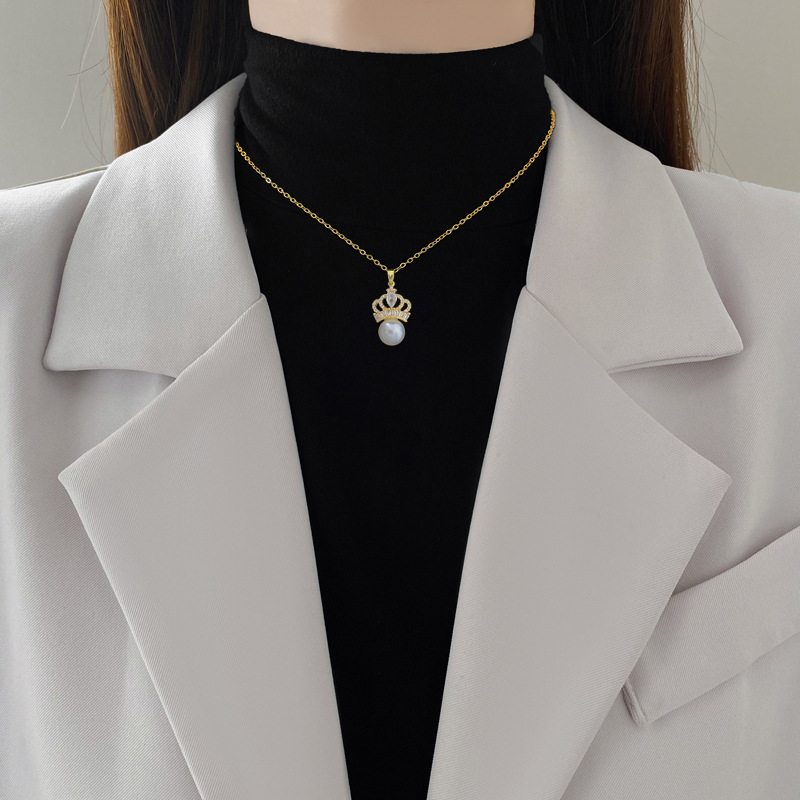 【 Titanium Steel 】 Necklace and earring set, light luxury Full diamond pearl crown, personalized and elegant banquet earrings and necklace set details Picture