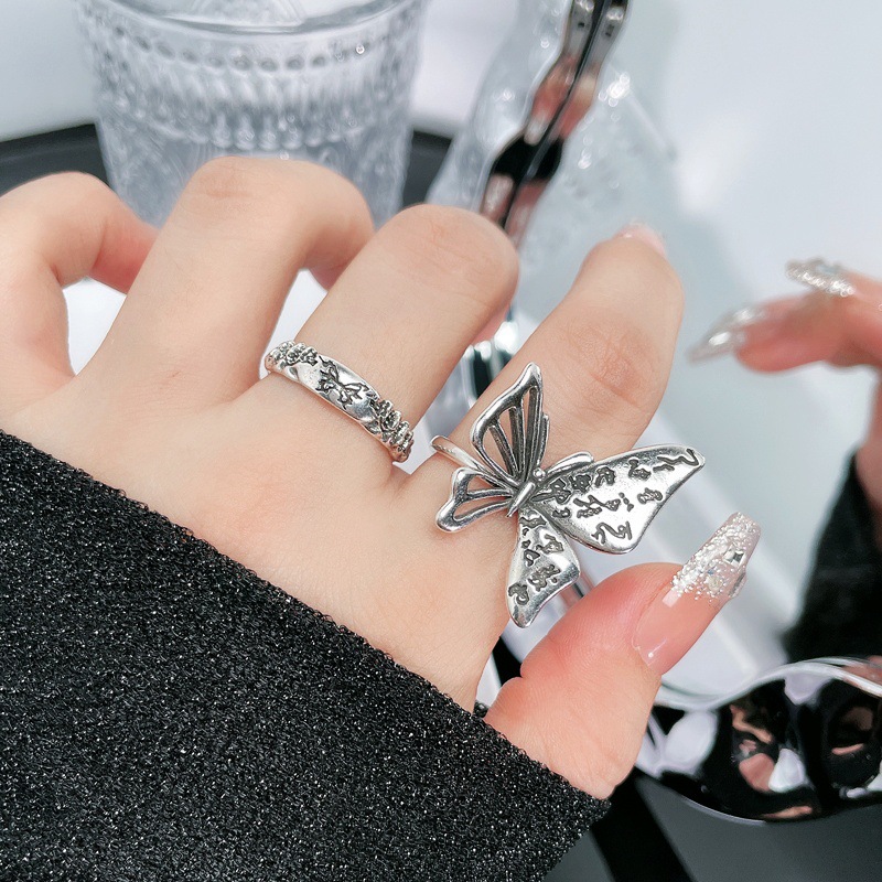 Retro distressed butterfly opening ring, androgynous punk style, fashionable and individual index finger ring, versatile and niche accessory full figure