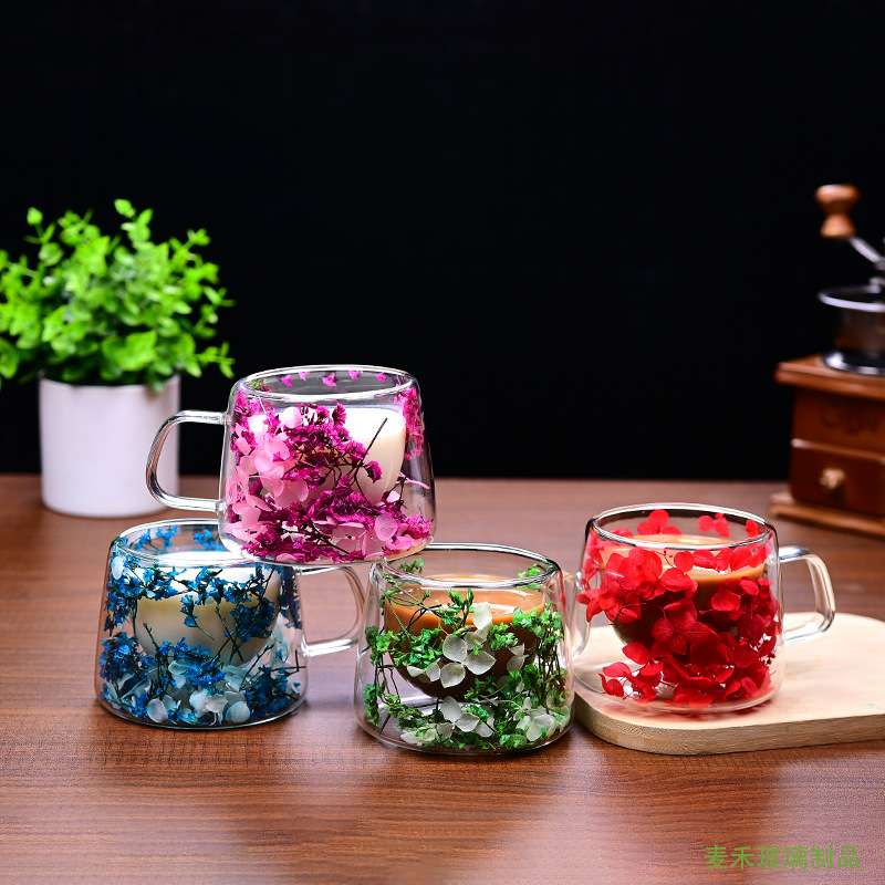 Double-layer glass cups, high appearance level, home coffee cups, high borosilicate glass cups, internet-famous double-layer real flower cups with handles are available details Picture