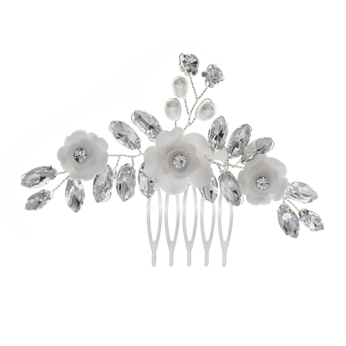 European and American forest-style bridal hair accessories, handcrafted pearl coil hair combs, luxurious horse eye water diamond soft clay flower five-toothed small hair combs Item Picture