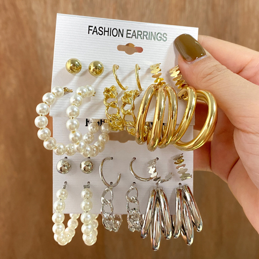 Retro gold earring set, 6-piece stud set, European and American cross-border French geometric inlaid pearl earrings full figure