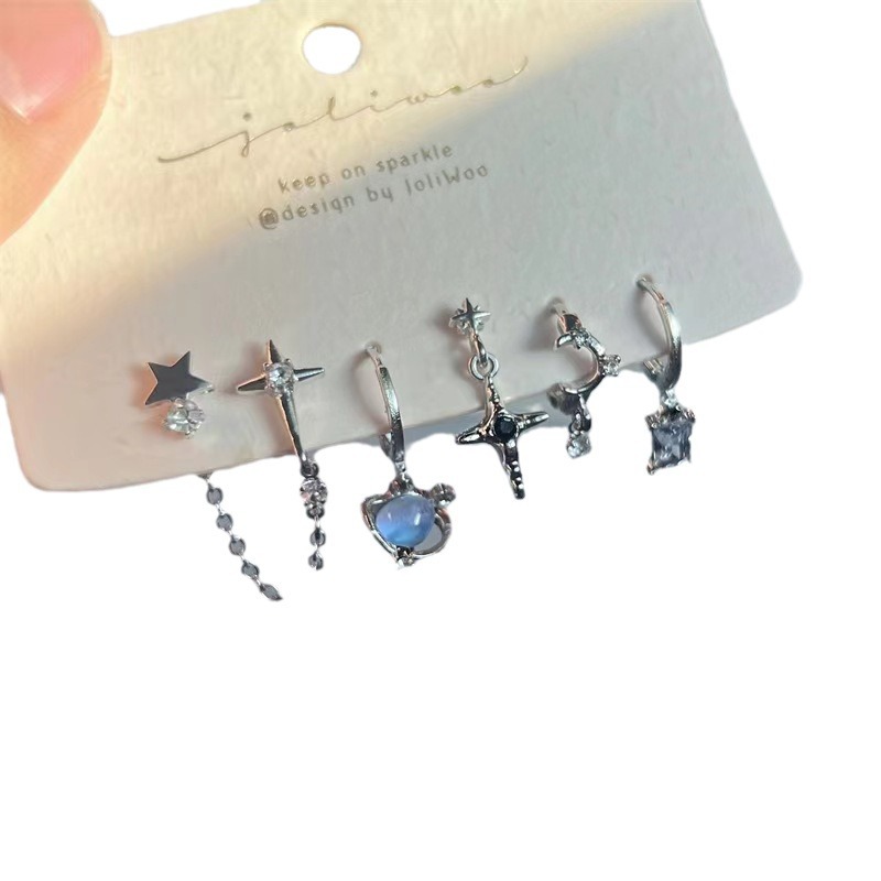Surprise ~ 6-piece set of ear studs ~ Star Chain design earring and ear stud set, stylish and versatile Planet Zircon earrings Item Picture