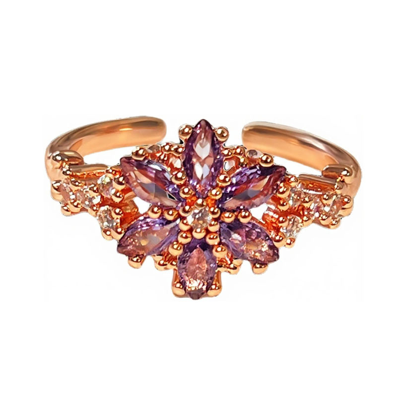 Japanese rose gold purple diamond bestseller snowflake grass cutting ring, a niche design for women, light luxury retro brushed ring Item Picture