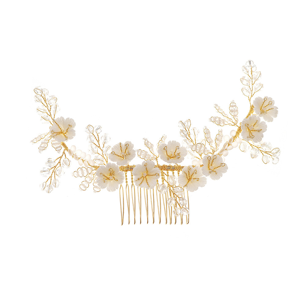 Handcrafted bride headwear with rice bead crystal combs, acrylic white flower hair combs, high-end ancient-style Hanfu hair accessories Item Picture