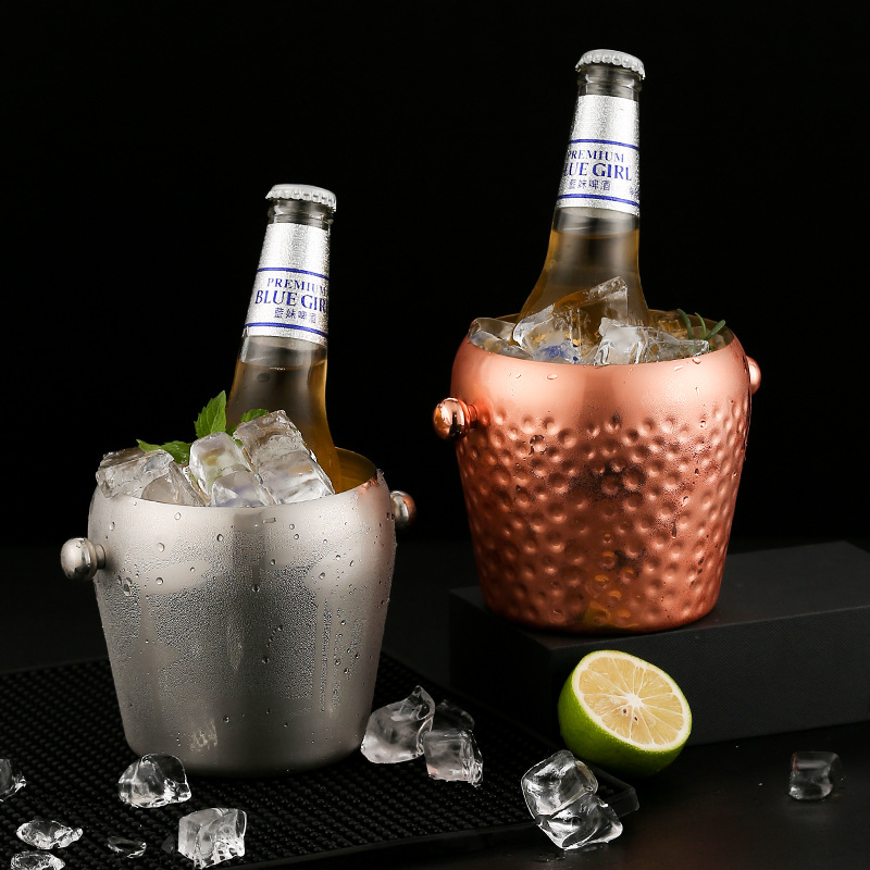 Stainless steel single-layer drum-shaped hammered ice bucket, multi-purpose ice bucket for bars, champagne bucket, beer bucket, creative hammered ice bucket Specification drawing
